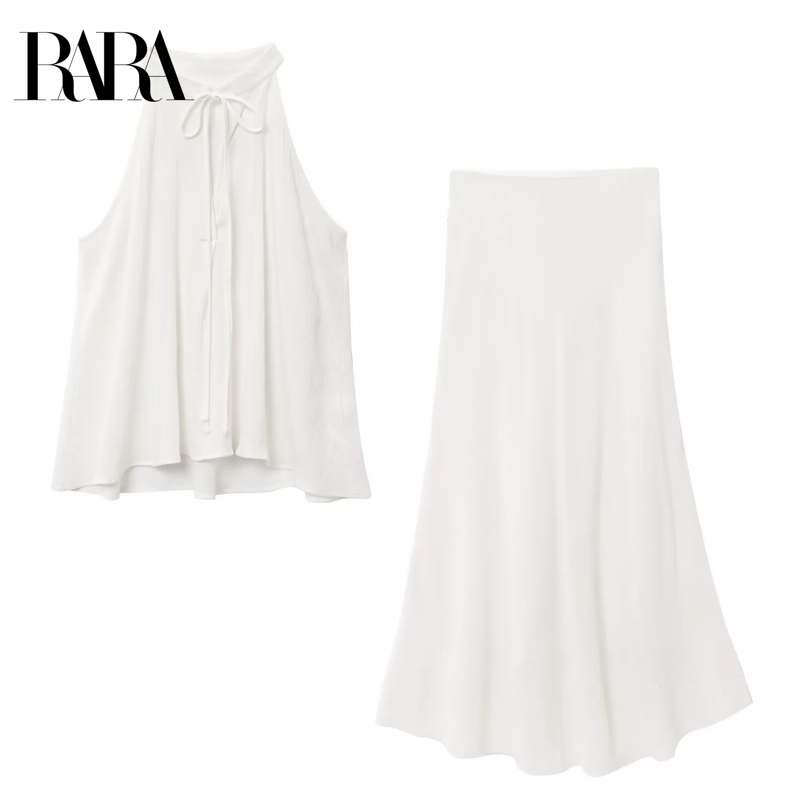 

RARA Womens Linen Sleeveless Vest Top with Neck Tie and Mid - length Linen Skirt Simple Lightweight Set Stylish Womens Outfit