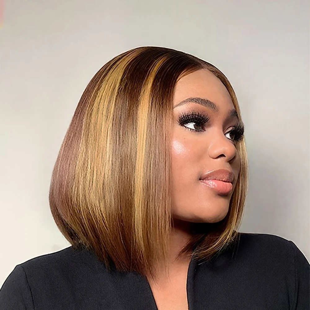 

Ombre Highlight P4/27 Color Short Bob Wigs straight 13x4 Transparent Lace Frontal Wigs Human Hair Bob Wig Brazilian Hair