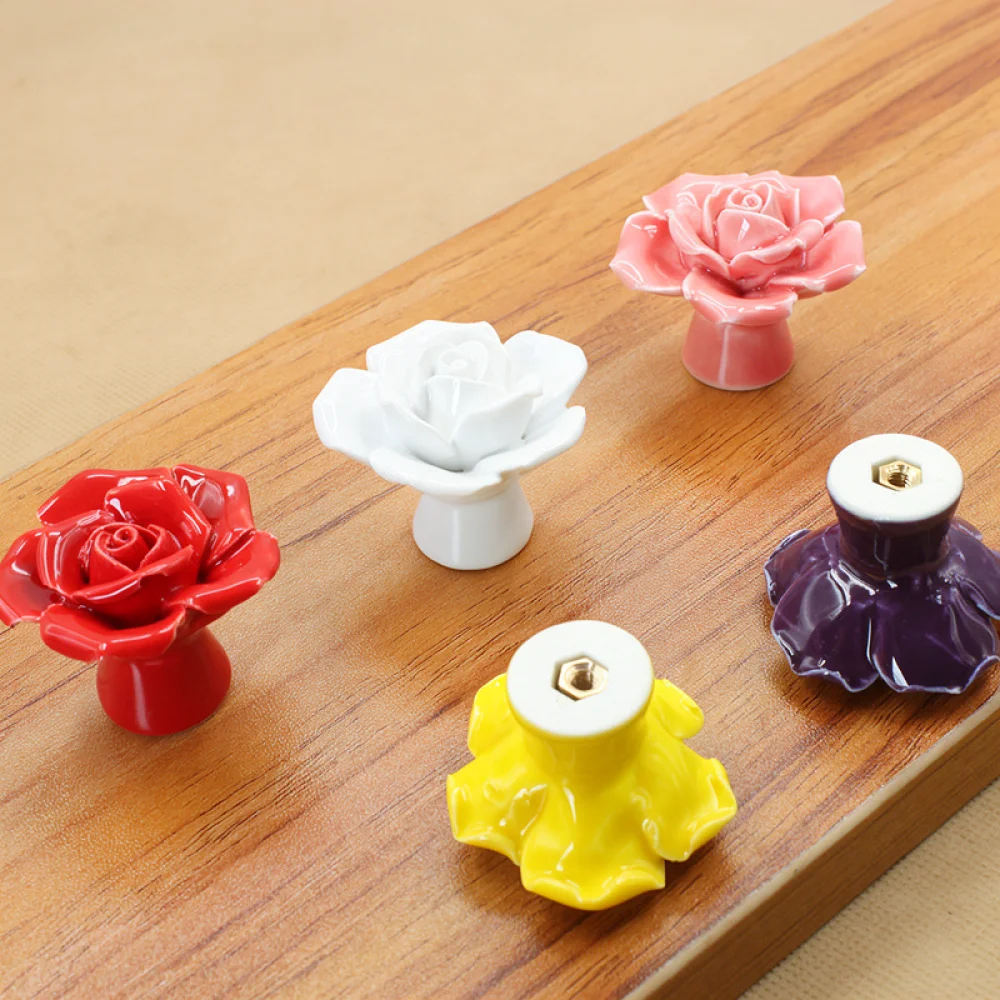 Ceramic Rose Cabinet Door Knobs Drawer Pulls For Furniture Wardrobe Cupboard Modern European Style Decor