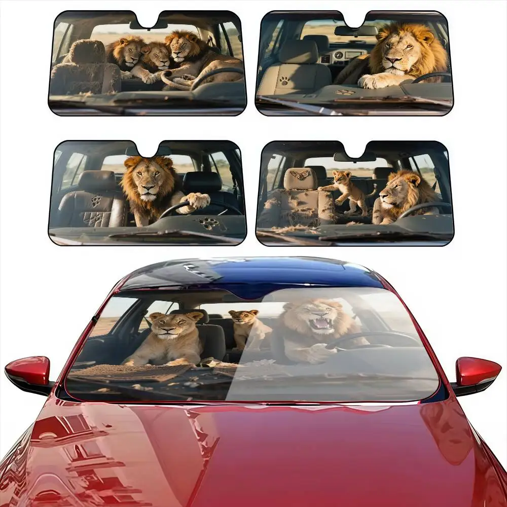 lion driving funny Car Sunshade Curtains Windscreen Cover Shade Car SunShade UV Rays Car Sun Visor Protector