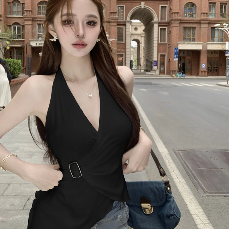 

Women Tops V-Neck Halter Lace-Up Small Vest Women Summer Solid Irregular Straps Backless Top