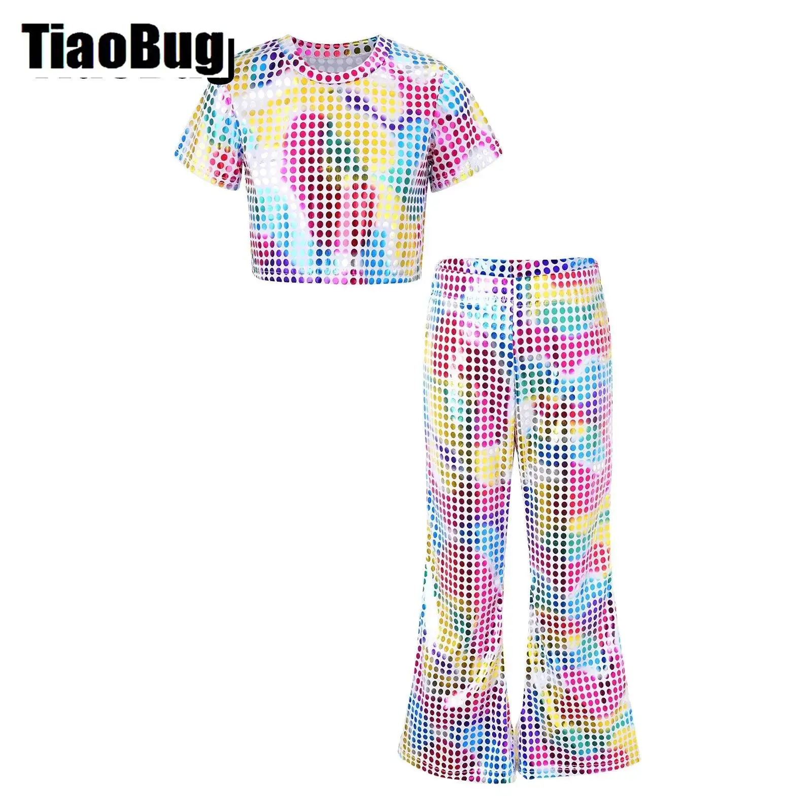 

Kids Girls Sequins Jazz Dance Sets Round Neckline Crop Top with Elastic Waistband Flared Pants for Party Stage Performance