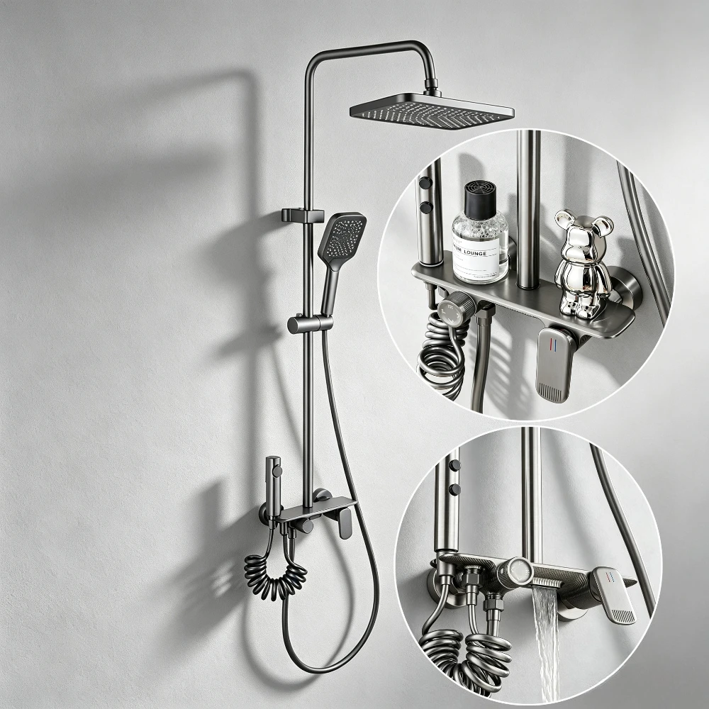 Four Ways Water Outlet Bathroom Shower System Wall Mounted Bathroom Shower Faucet Set Rainlfall Pressurized Brass Shower Set