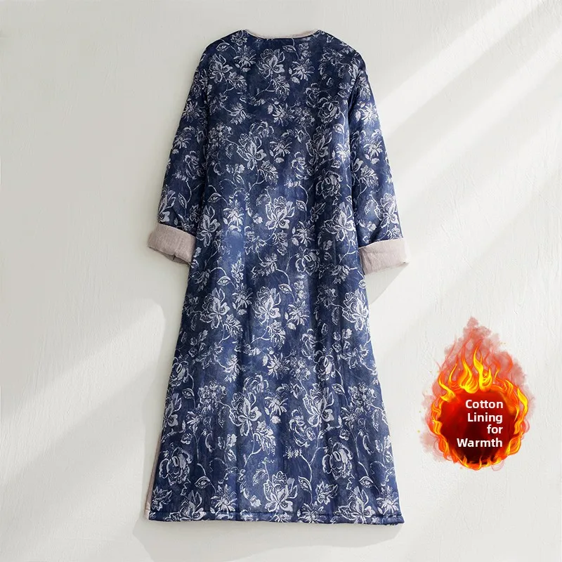Chinese Style Long Sleeve Cotton Chiffon Print Qipao Dress Slit A-Line Skirt Women's Winter Fashion Casual Dress