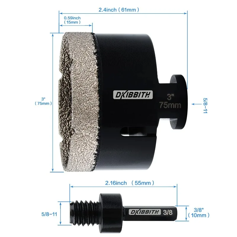 3'' Dry Diamond Core Drill Bit 75mm Diameter Tile Bits Vacuum Brazed Angle Grinder  for Porcelain Ceramic Granite