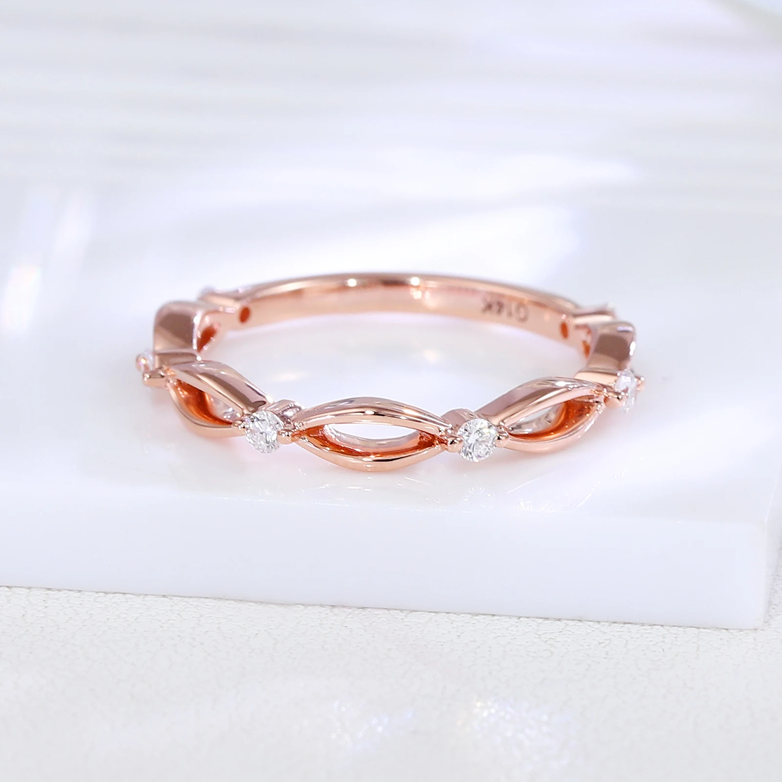 14K Rose Gold Round Cut Lab-Grown Diamond Wedding Ring Stackable Bow Charm Thin Band Dainty Bridal Anniversary Promise Ring