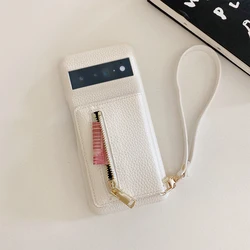 Luxury Litchi Peel Pattern PU Leather Case For Google Pixel 8 7 6 Pro 7a 6a 4 XL Small Mirror Card Holder Lanyard Wallet Cover