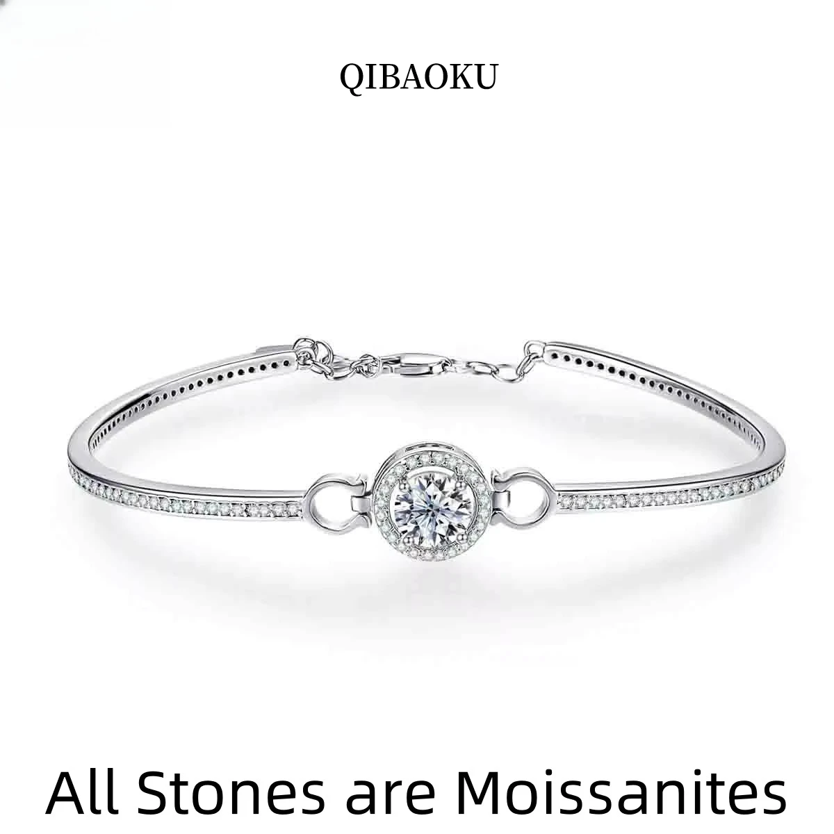 QIBAOKU 1ct D Color Moissanite Bracelet S925 Sterling Silver 18K White Gold Plated Adjustable Bangle for Women Bracelets 2026