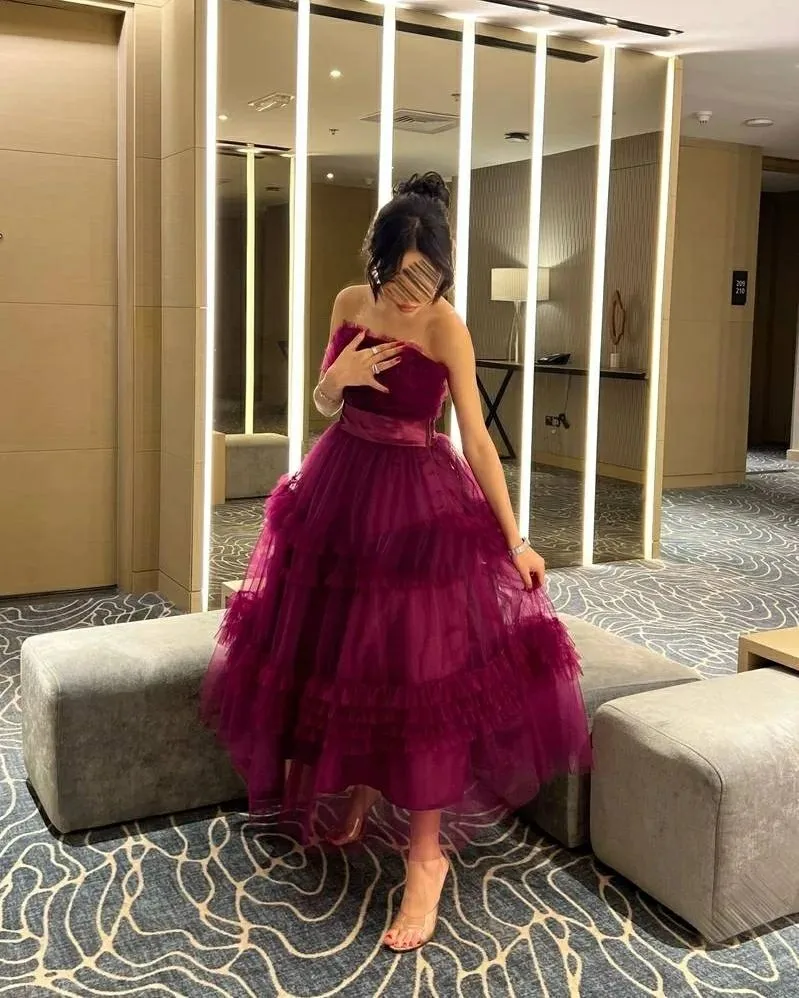 Msikoods Dark Purple Prom Dress Strapless A-Line Puffly Tiered Tulle Arabic Formal Evening Gown Celebrity Party Dresses