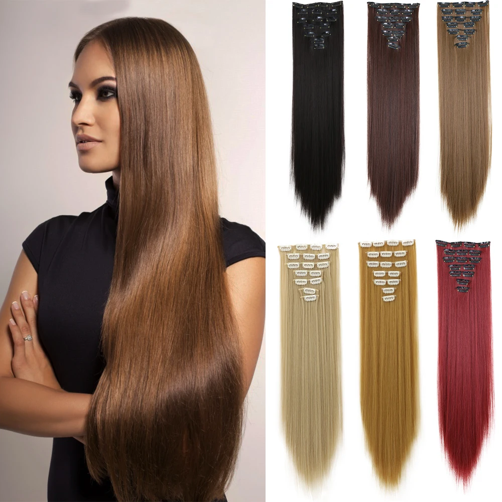 24Inchs 16 Clips in Synthetic Hair Extensions Long Straight or Wavy Hairstyle Black Hairpieces Heat Resistant False Hair