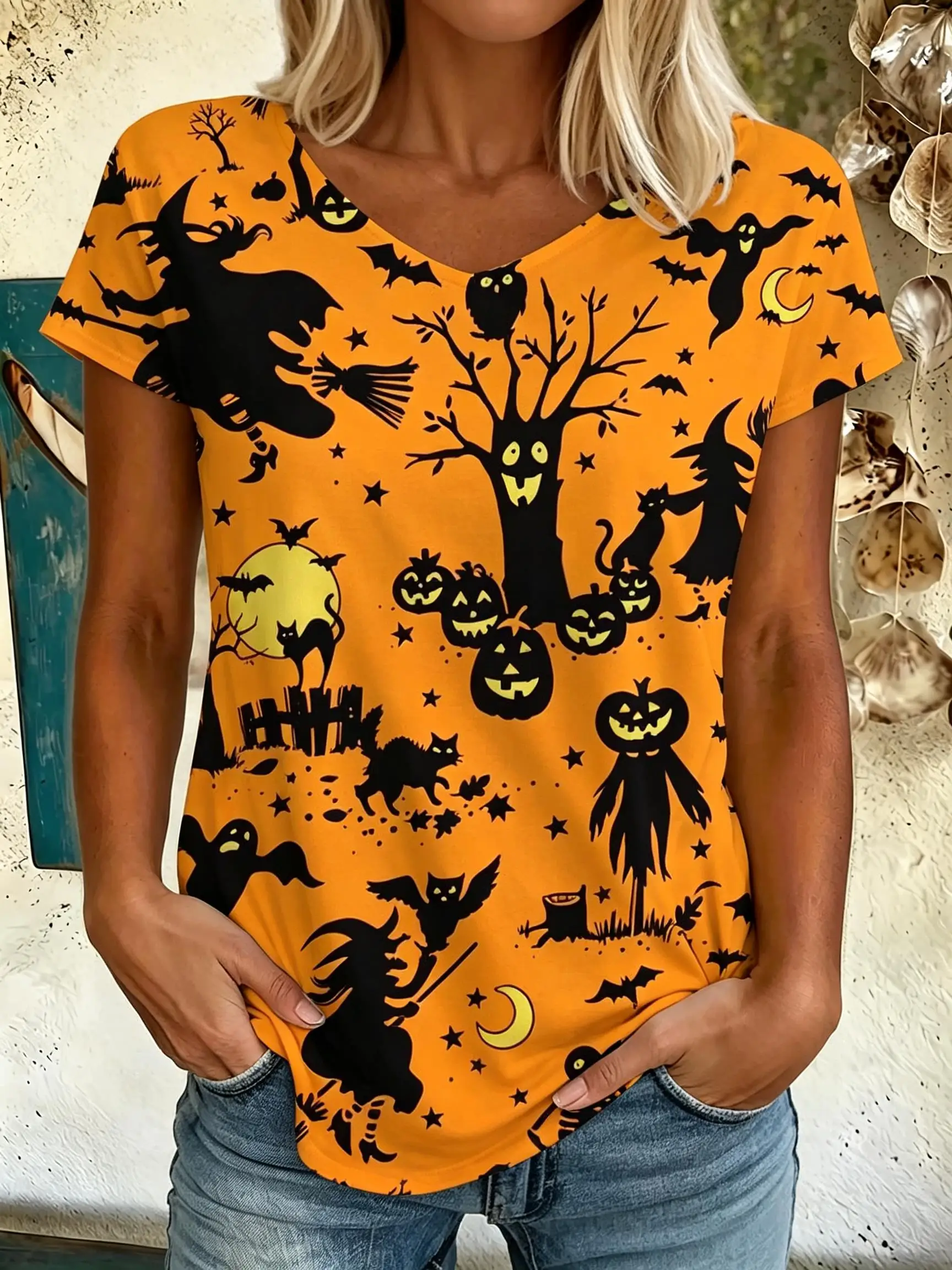 Women V‑Neck Short Sleeve T‑Shirt Halloween Graphic Print Tees Witch Black Cat Bat Pumpkin Silhouette All‑Over Tops