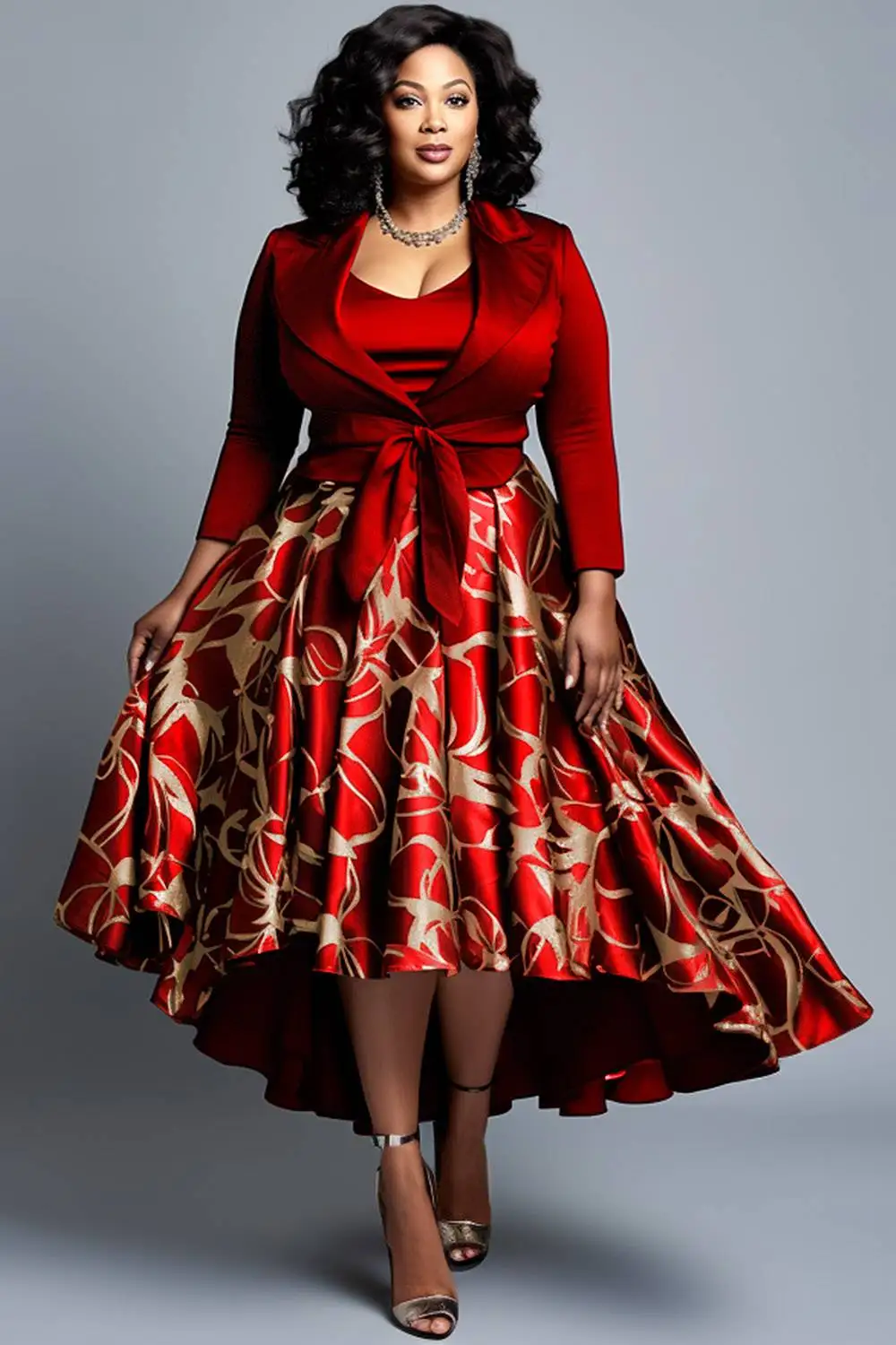 Plus Size Mother Of The Bride Red Floral V Neck Long Sleeve Contrast Satin Two Piece Dress Set