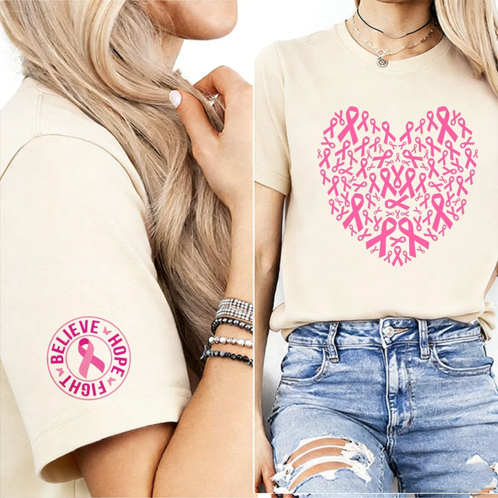 Pink Ribbon Heart Pattern Women T-Shirt Believe Hope Fight Circular Logo Cuff Print Breast Cancer Support Fashion Casual Tees