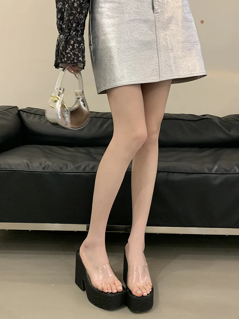 Pink Platform Heels Slippers 12cm Chunky Heeled Sandals For Woman PVC Clear Block Shoes Silver Summer Sandals Ladies Sandales