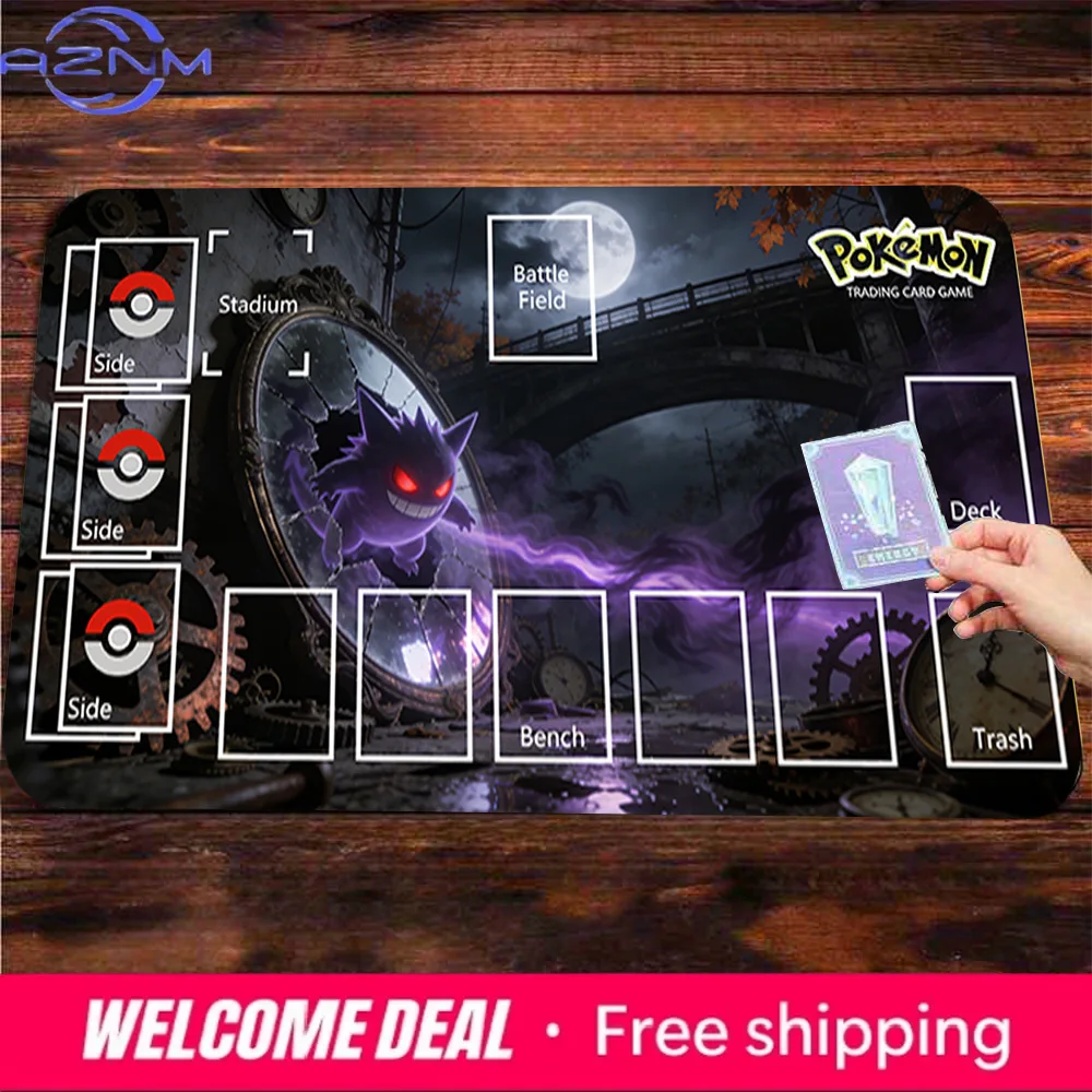 Gengar Haunted Mirror Pokemon TCG Playmat with Zones, Non-Slip Trading Card Game Mat
