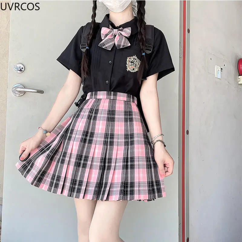 Gonne scozzesi dolci stile Preppy giapponese donna gotico rosa nero minigonna a pieghe a vita alta Kawaii Girls JK Uniform Harajuku