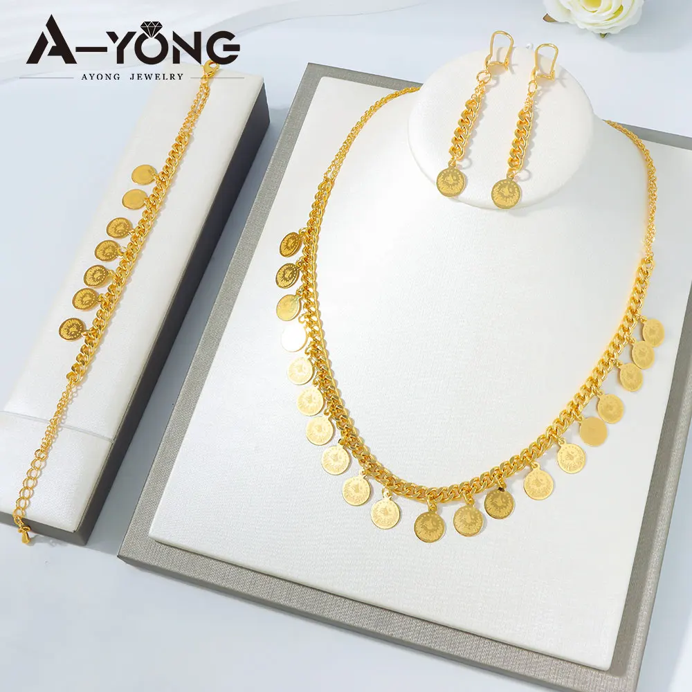 Kurdish Bridal Coins Jewelry Set 21k Gold Plated Arabic Fashion Tassel Necklace Bracelet Earrings Turkish Women Vintage Jewelrys