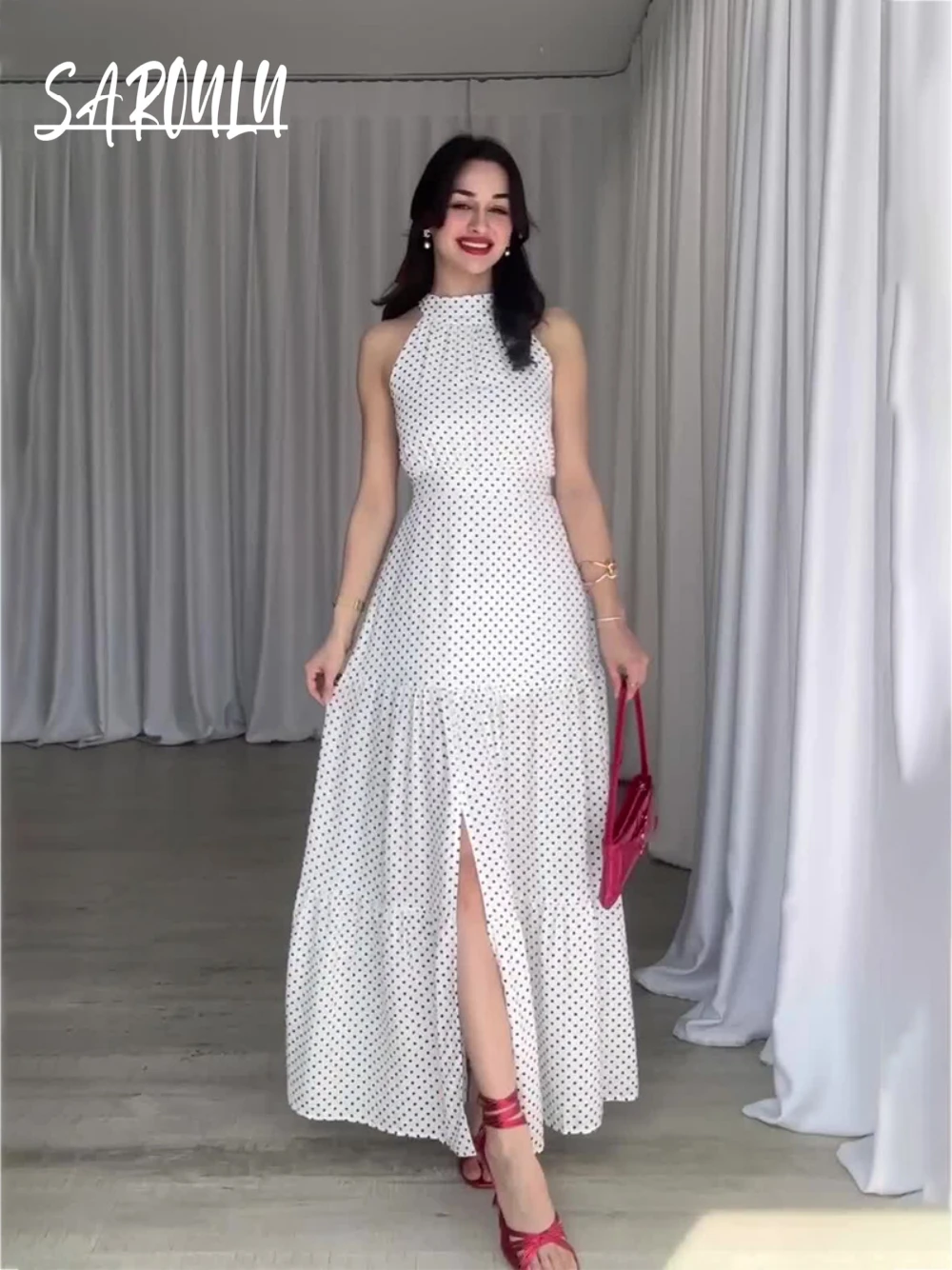 

Polka Dot Skirt For Women White Halter Romantic A Line Evening Dress With Split S-2XL Fashionable Travel Casual Dresses