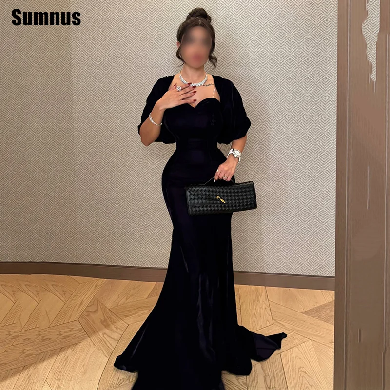 

Sumnus Elegant Mermaid Prom Dresses Deep Purple Sweetheart Half Sleeves Pleats Maxi Evening Dresses vestido Customized