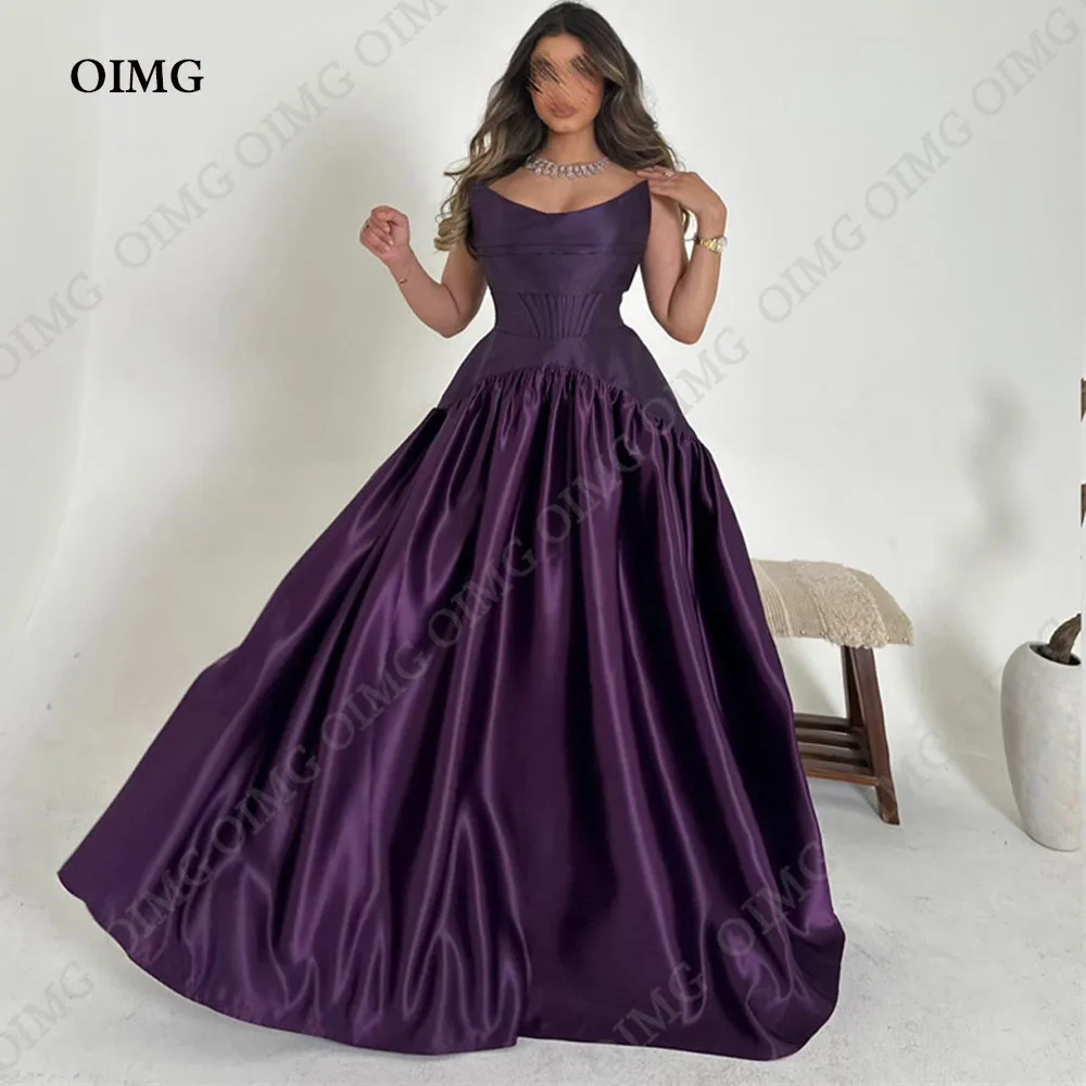 Oimg dunkel lila Satin eine Linie Abend Ballkleider träger lose arabische Dubai formelle Gelegenheit Kleid boden lange Party kleider