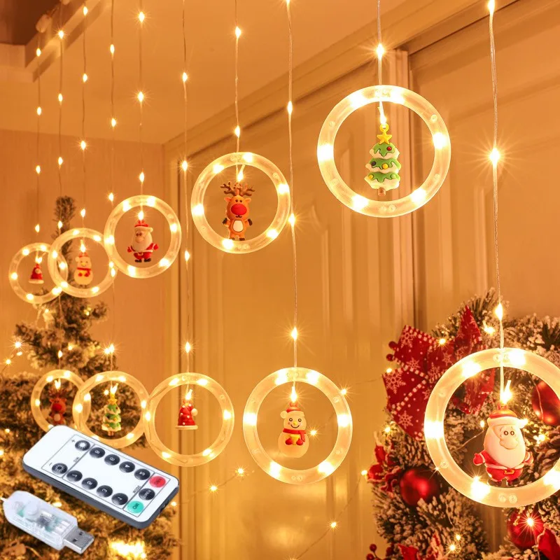 Guirnalda de luces navideñas con forma de estrella de Papá Noel, cortina de luz con enchufe USB, guirnalda de fiesta navideña, lámpara para