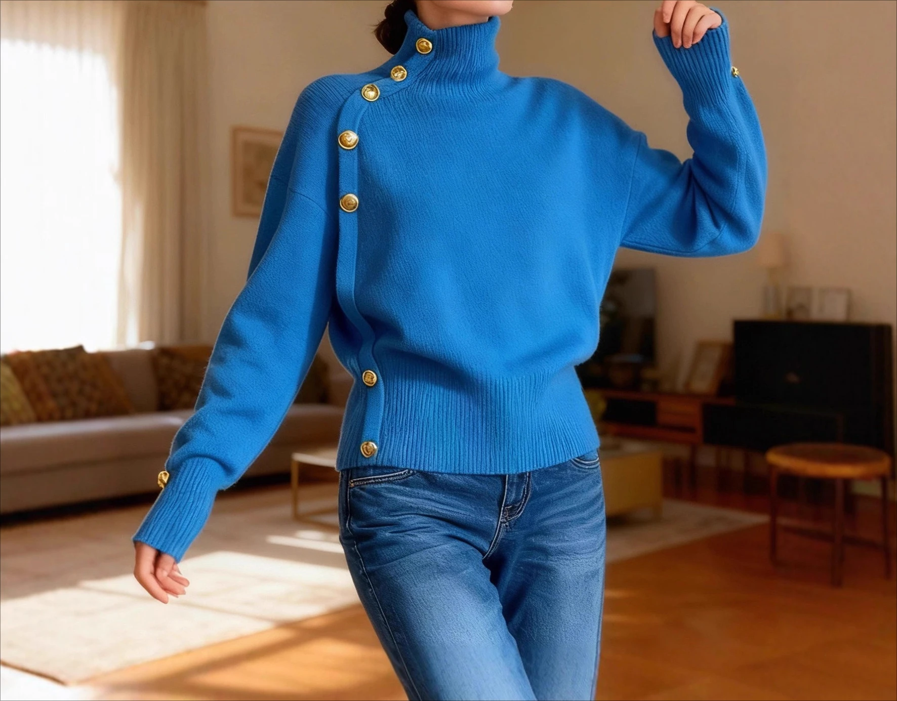 Women's Sweater 2026 Spring Autumn New Solid Color High Neck Button Design Long Sleeve Versatile Casual Daily Pullover Sweater