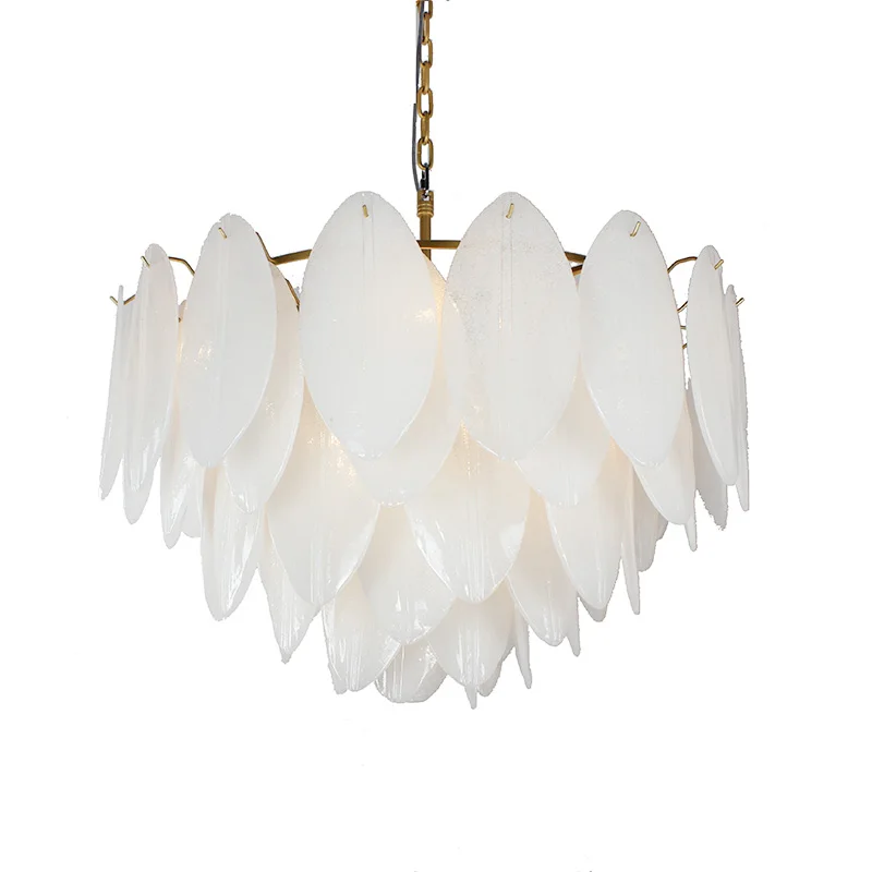 Post Modern Luxury Made Lustre White Glass Leaves WitRound Iron Chain Pendant Candelier For Foyer Corridor Villa