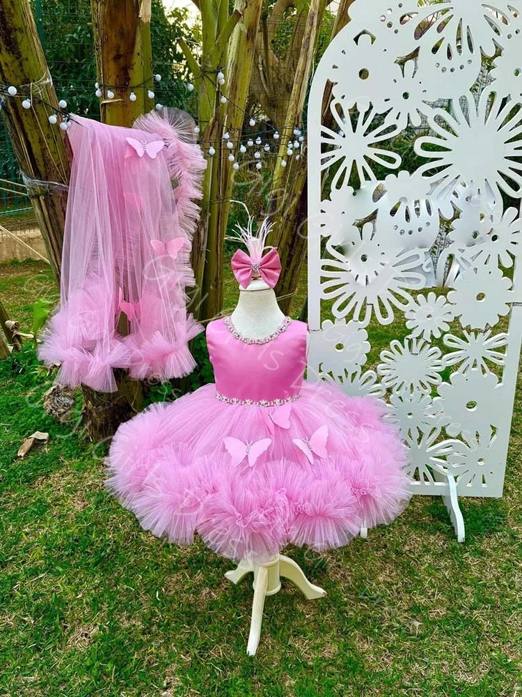 Vestido de cumpleaños para niñas, color rosa intenso, con tren desmontable, mariposa 3D, tul escalonado, vestido de princesa con flores para niñas, vestido de baile personalizado con cuentas