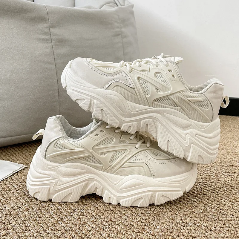Minimal Solid Color Women Sneakers Fashion Lace Up Breathable Thick Sole Shoes Casual Comfortable Versatile Zapatos De Mujer