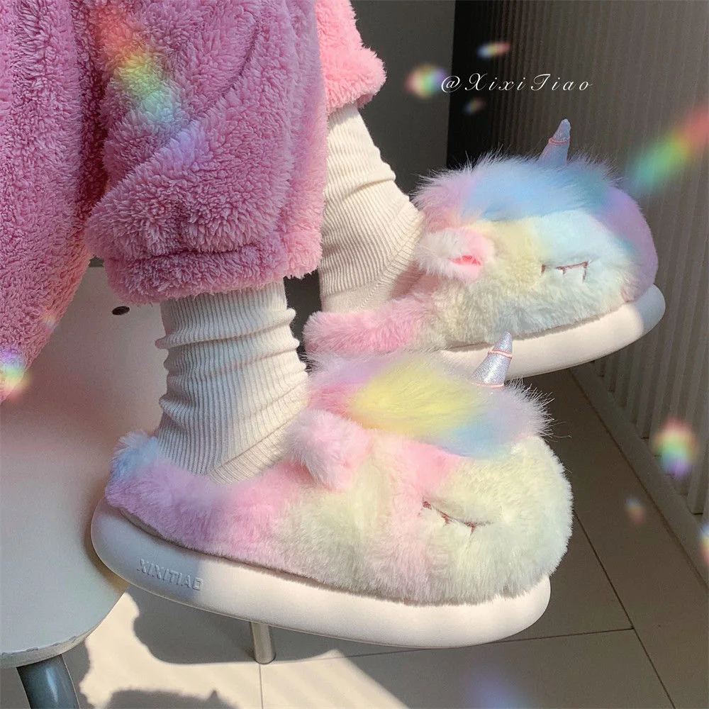 Cute Unicorn Winter New Women Slipper Soft Heel Platform Fur Warm Indoor Comfortable Home Fluffy Home Slippers