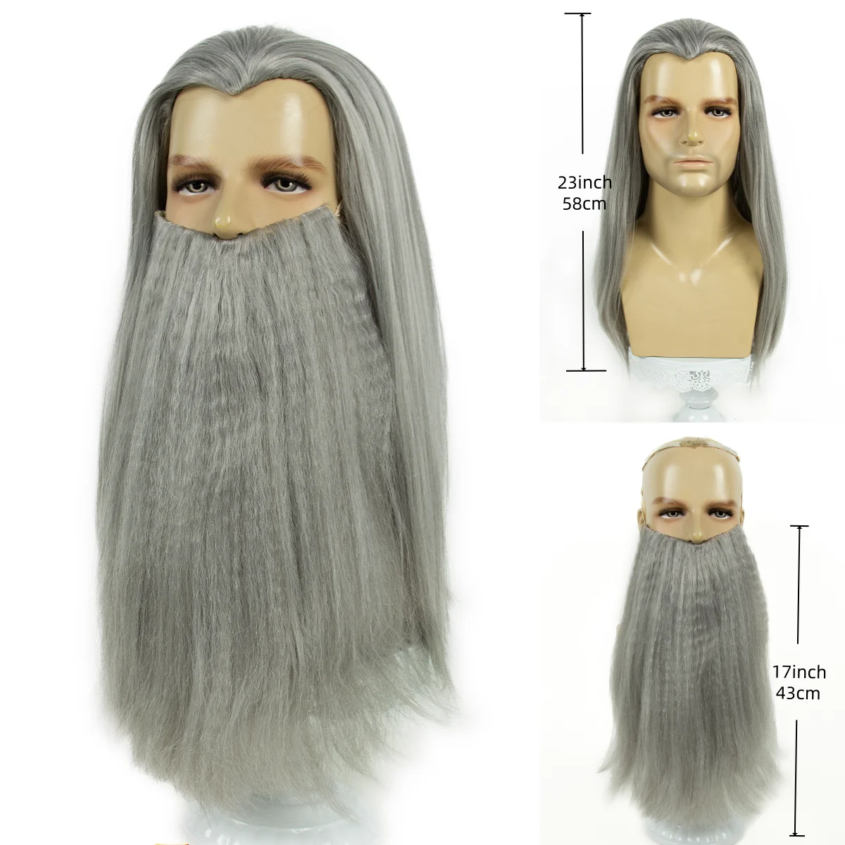 REEWES Wig Beard Set Grey Long Curl Yaki Synthetic Hair Old Man Costume Wig Anime Cosplay Halloween Party Proofs
