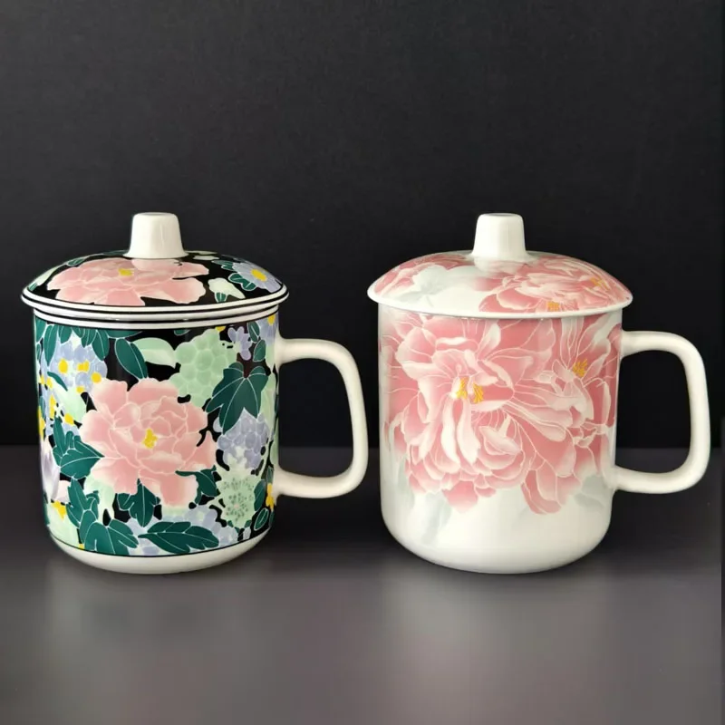 490ml Chinese Ceramics Mug Pink Rose Tea Cup with Lid Birthday Christmas Gift for Friend Mom Dad Wife Husband