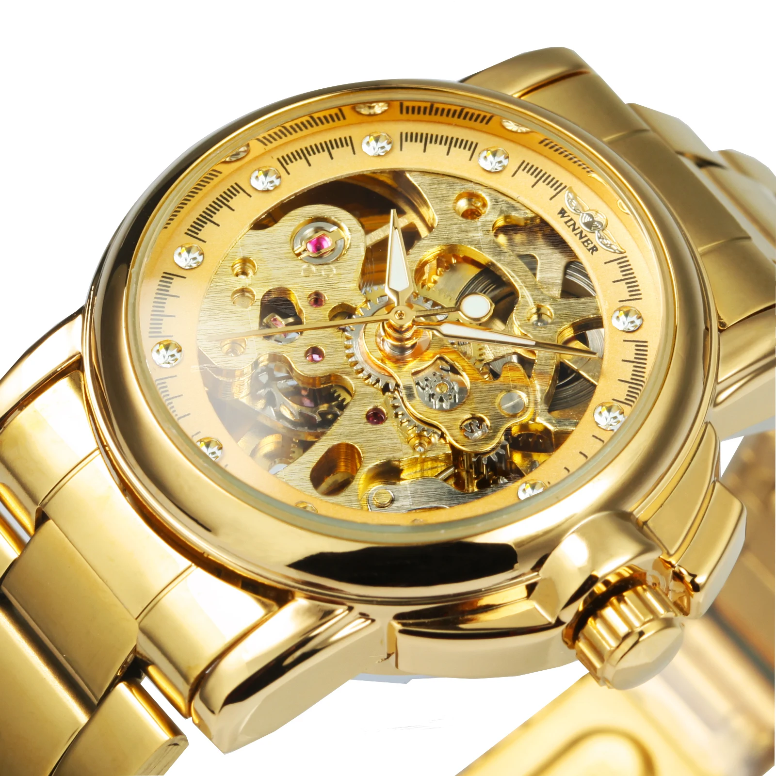 WINNER Luxury Skeleton Automatic Watch for Women Fashion Diamond Elegant Mechanical Watches Gold Stainless Steel Strap Luminous