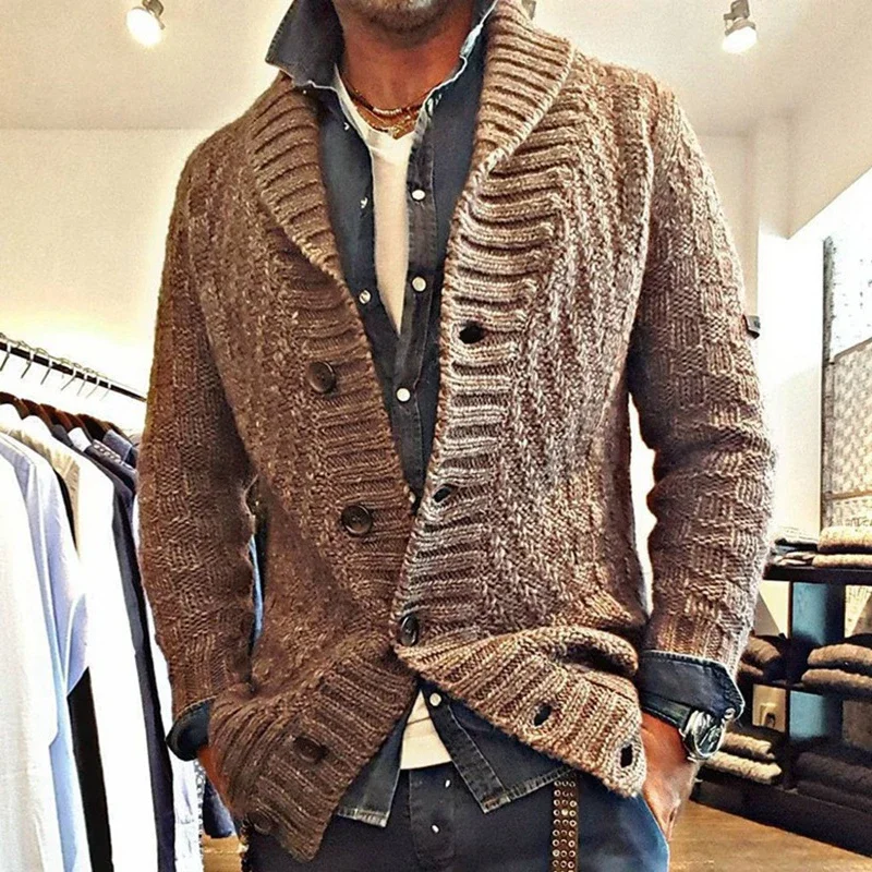 Casual Mens Striped Jacquard Knit Sweater Coats Autumn Winter Fashion Button-down Turn-down Collar Sweaters Cardigan Men Jackets