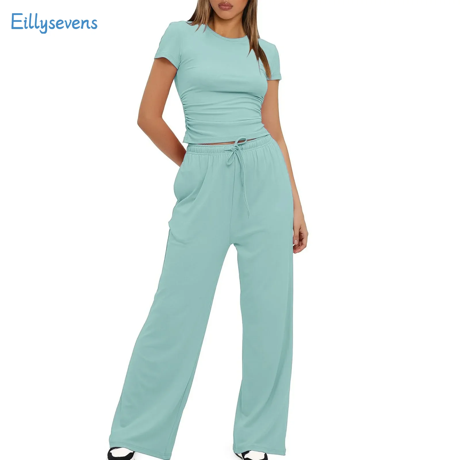 Женский комплект из 2 предметов, летний короткий топ с коротким рукавом и оборками, прямые широкие брюки, повседневный спортивный костюм, подходящие наряды