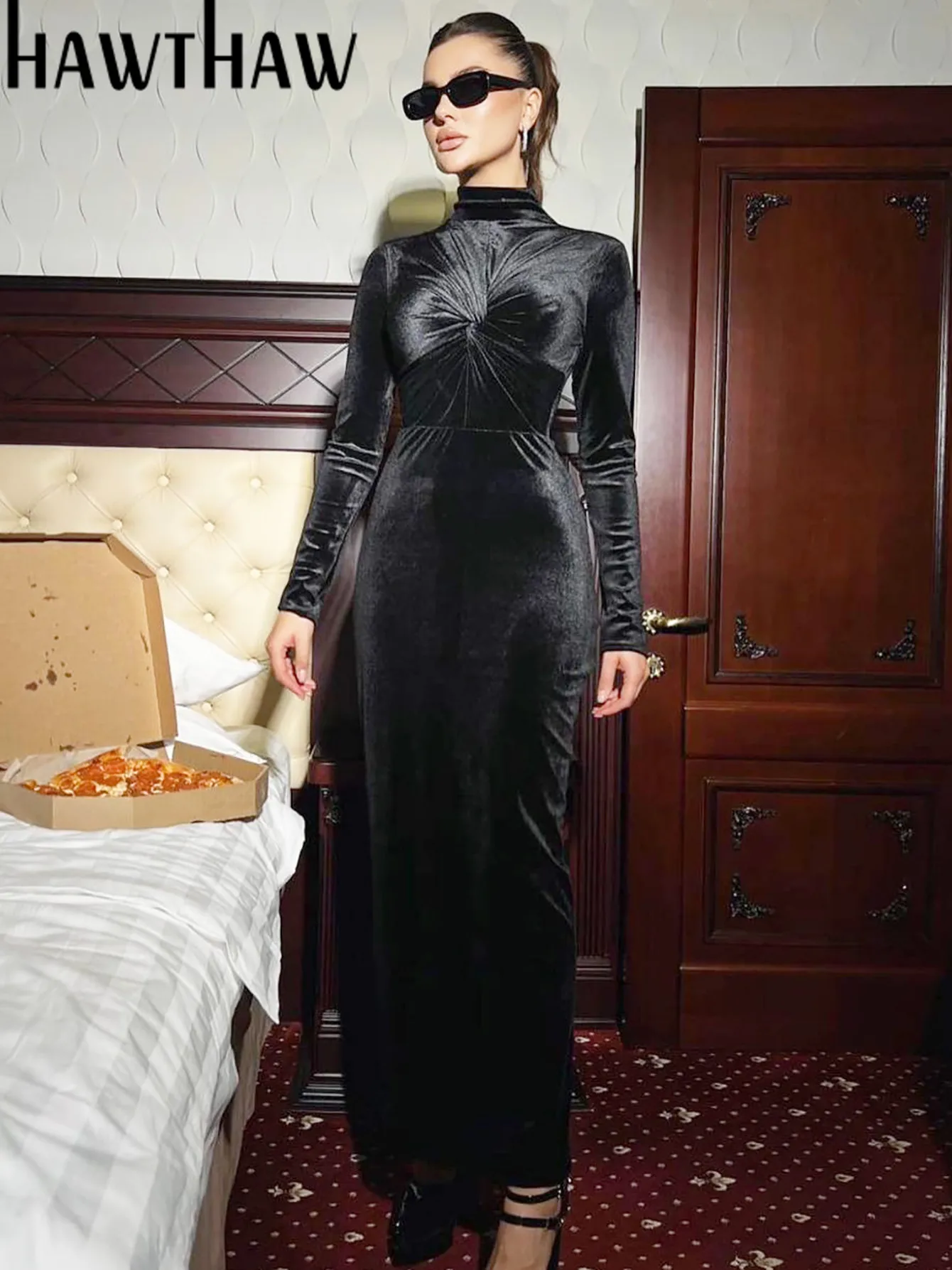 Hawthaw Women 2024 Autumn Winter Long Sleeve Party Club Evening Velvet Bodycon Black Long Dress Wholesale Items For Business