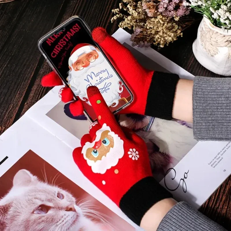 1-10Pairs Christmas Touchscreen Thermal Knit Gloves Five Finger Soft Warm for Kids Adults Winter Hand Accessories Gift