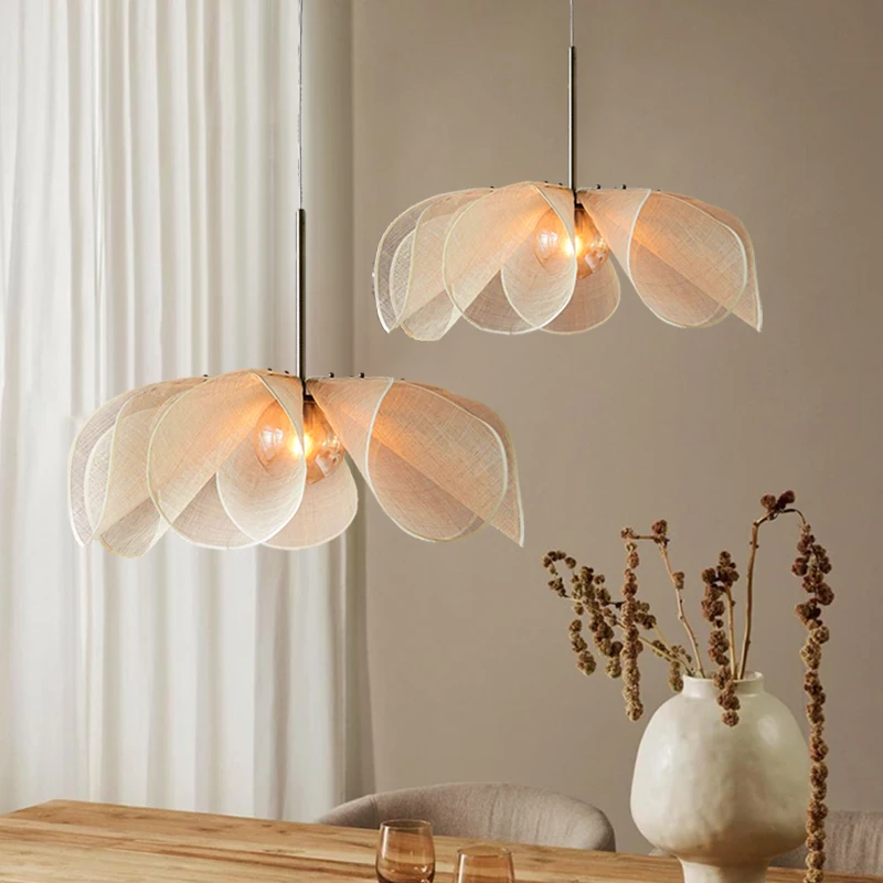 Nordic Fabric LED Flower Pendant Light Living Room Loft Hanging Lamp Kitchen Table Home Decoration Cream Style Lustre Chandelier