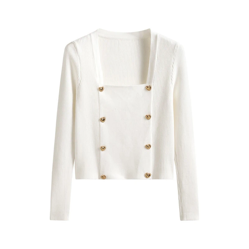 เสื้อสเวตเตอร์ถักคอเหลี่ยมสีดำขาวสำหรับผู้หญิง แฟชั่นเกาหลี ฤดูใบไม้ร่วง ฤดูหนาว เสื้อครอปติดกระดุม แขนยาว ทรงเข้ารูป