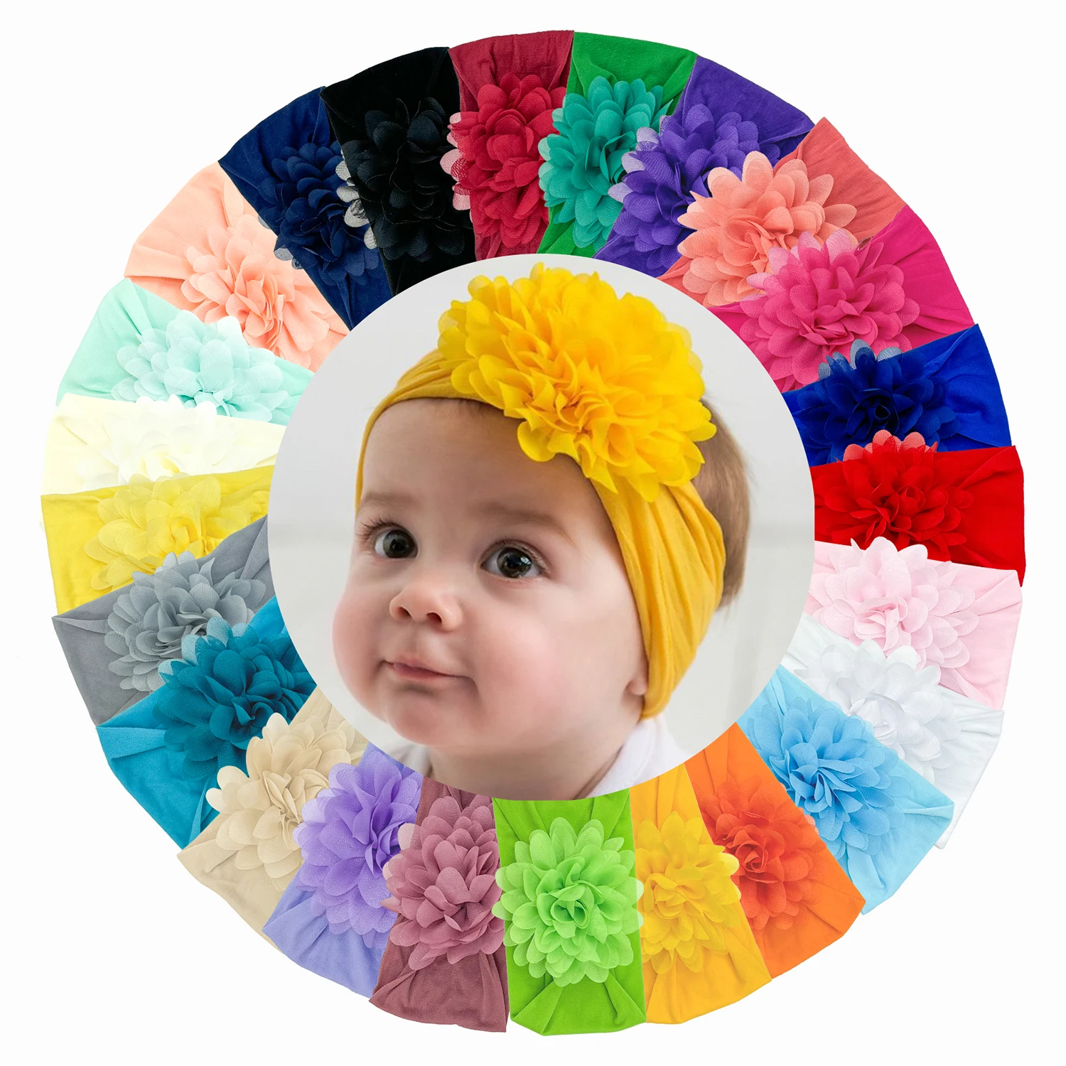 3PCS Chiffon Flower Headbands Elastic Headbands for Baby Newborn Girl Children Turban Infant Flower Headband Hair Accessories