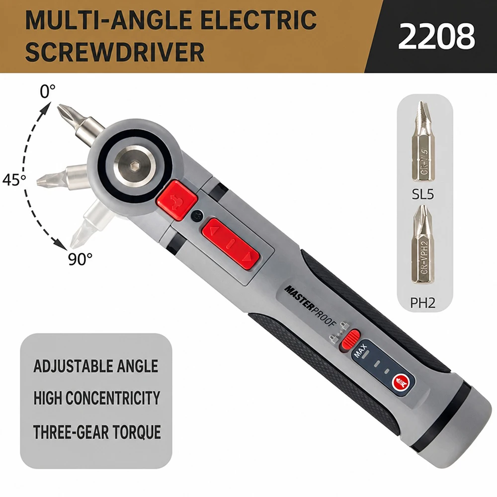 0°/45°/90° Multi-angle Electric Screwdriver Handheld Lithium Battery Rechargeable,Adjustable Torque,Led Lighting for Home DIY