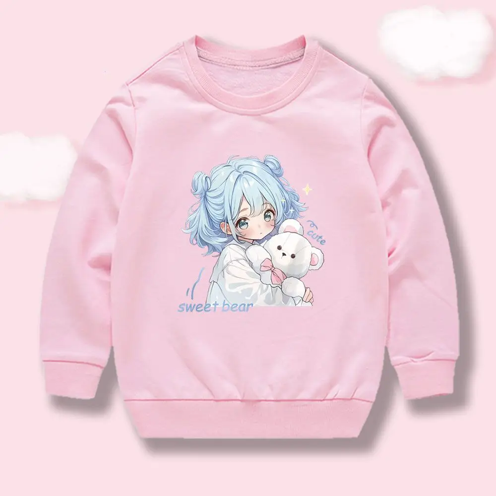 Kinder-Sweatshirt mit niedlichem Cartoon-Motiv von einem Mädchen und einem Bären – lässiges Oberteil mit langen Ärmeln für Kinder, Mädchen-Pullover mit Rundhalsausschnitt.
