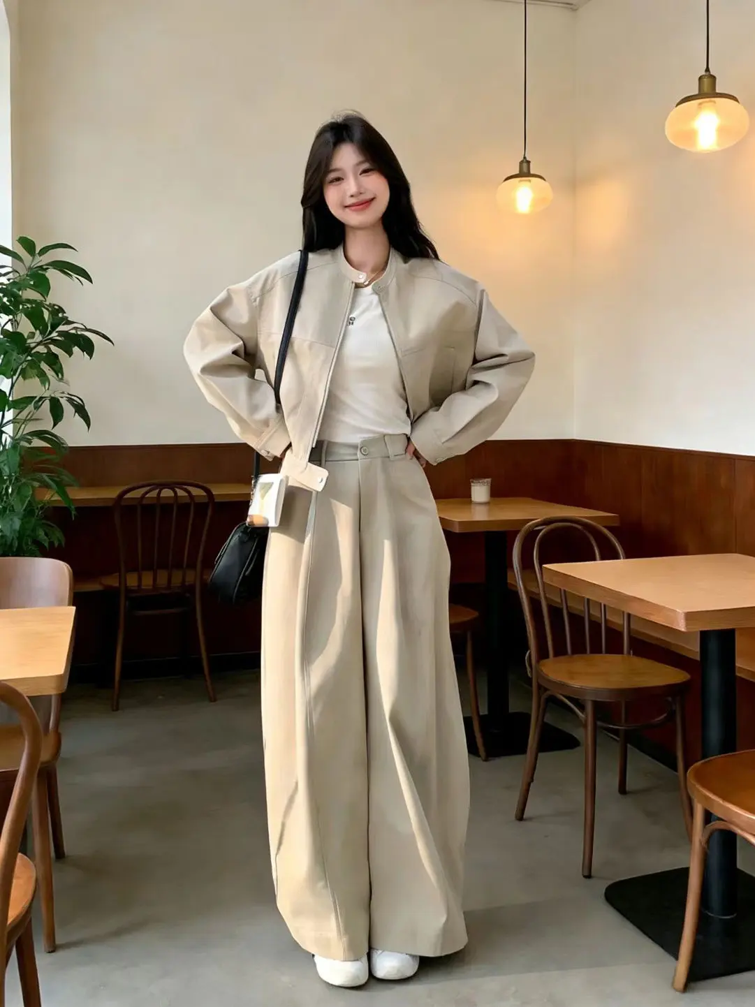 

Fashionable Long Sleeve Jacket And Wide Leg Pants Women's Set Spring 2026 Slimming Design Casual Outfit High Waist Trousers