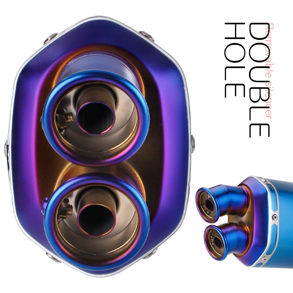 Universal motocicleta dupla saída furo escape, fibra de carbono, modificado Escape Pipe, silenciador, DB assassino, Z900, GSXR750, R6, R3, ER6N