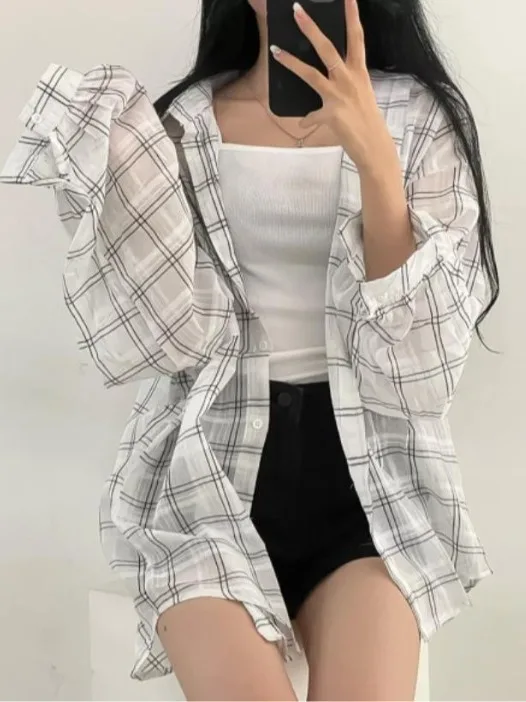 

Стильная летняя свободная рубашка в клетку с длинным рукавом, тонкий кардиган для защиты от солнца, верхняя одежда, женская модная свободная модель