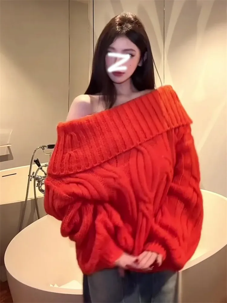 عيد الميلاد الأحمر كسول نمط المعتاد مائل الرقبة فضفاضة طويلة سترة البلوز خريف جديد كم طويل قبالة الكتف محبوك بلوزة كاجوال