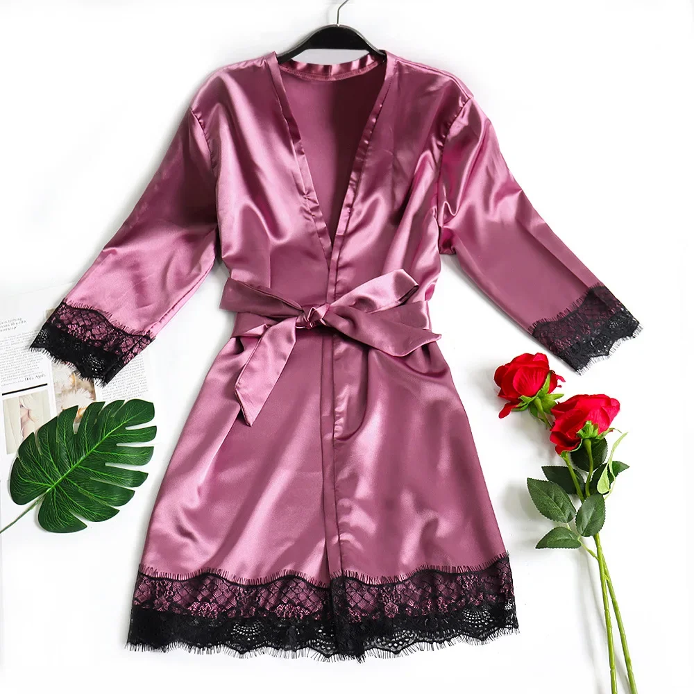 Sexy Women Home Dressing Gown Lingerie Lace Patchwork Satin Robe Set Nightwear Casual Sleepwear Kimono Bathrobe Home Nightdress