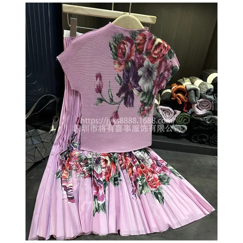 

Комплект плиссированных брюк Miyake 2026 Футболка с принтом кукурузного зерна, новая летняя тонкая и универсальная плиссированная юбка с эластичной резинкой на талии, комплект из 2 предметов