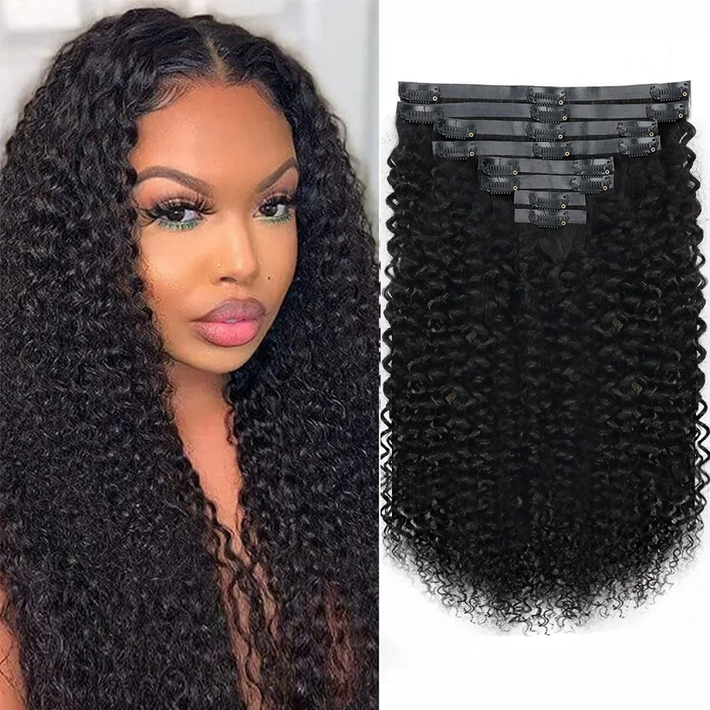 

22-32 Inch Curly Wave Clip in Hair Extensions Per Set with 18 Clips 100% Human Hair 8 Pieces and Natural Black Color Extension