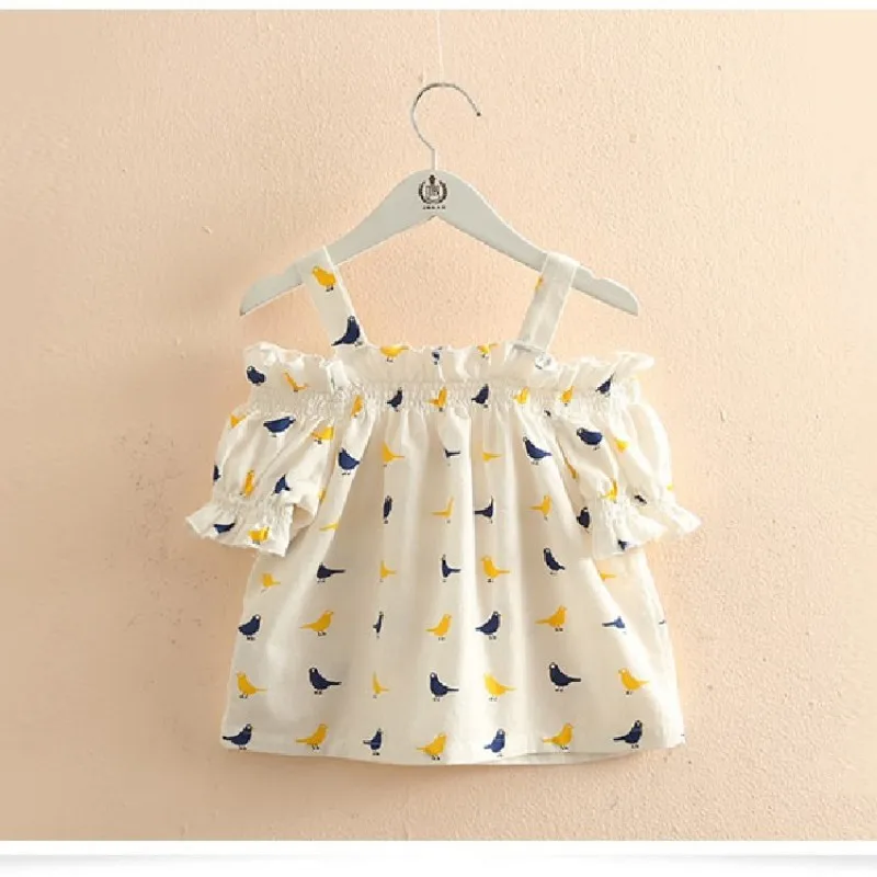 2024 New Fashion 2 3 4 5 6 8 10 Years Cotton Cartoon Print Short Sleeve Off Shoulder Strap Summer T-Shirt For Kids Baby Girls image 3